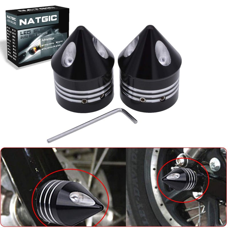 NATGIC 1 Pair Motorcycle Aluminum Front Axle Nut Cover Cap Kit for Dyna Softail Sport-ster Touring Road King FXD FXST FLHT 883 1200 XL (Black) - Image 1